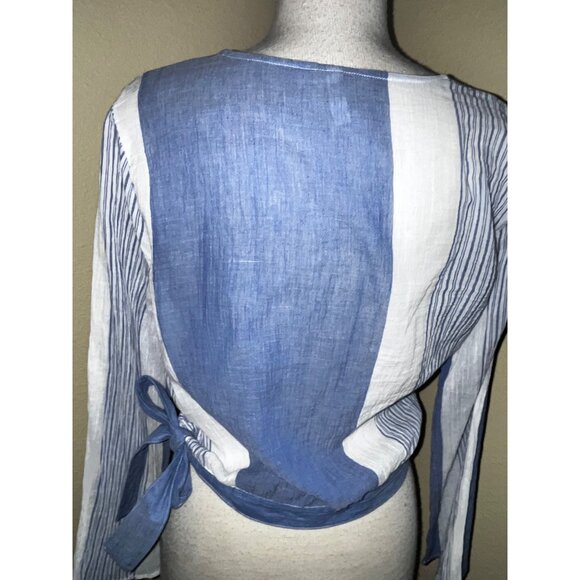 Elan Blue White Striped Wrap Top Long Sleeve Size Large Thin Light Weight Cotton - Picture 2 of 7